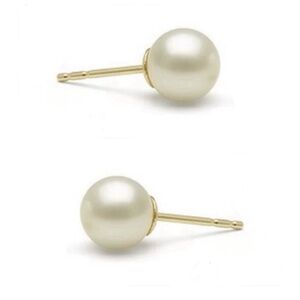 7.5 - 8mm Round White Cultured Pearl 14K Yellow Gold Stud Earrings * EVC